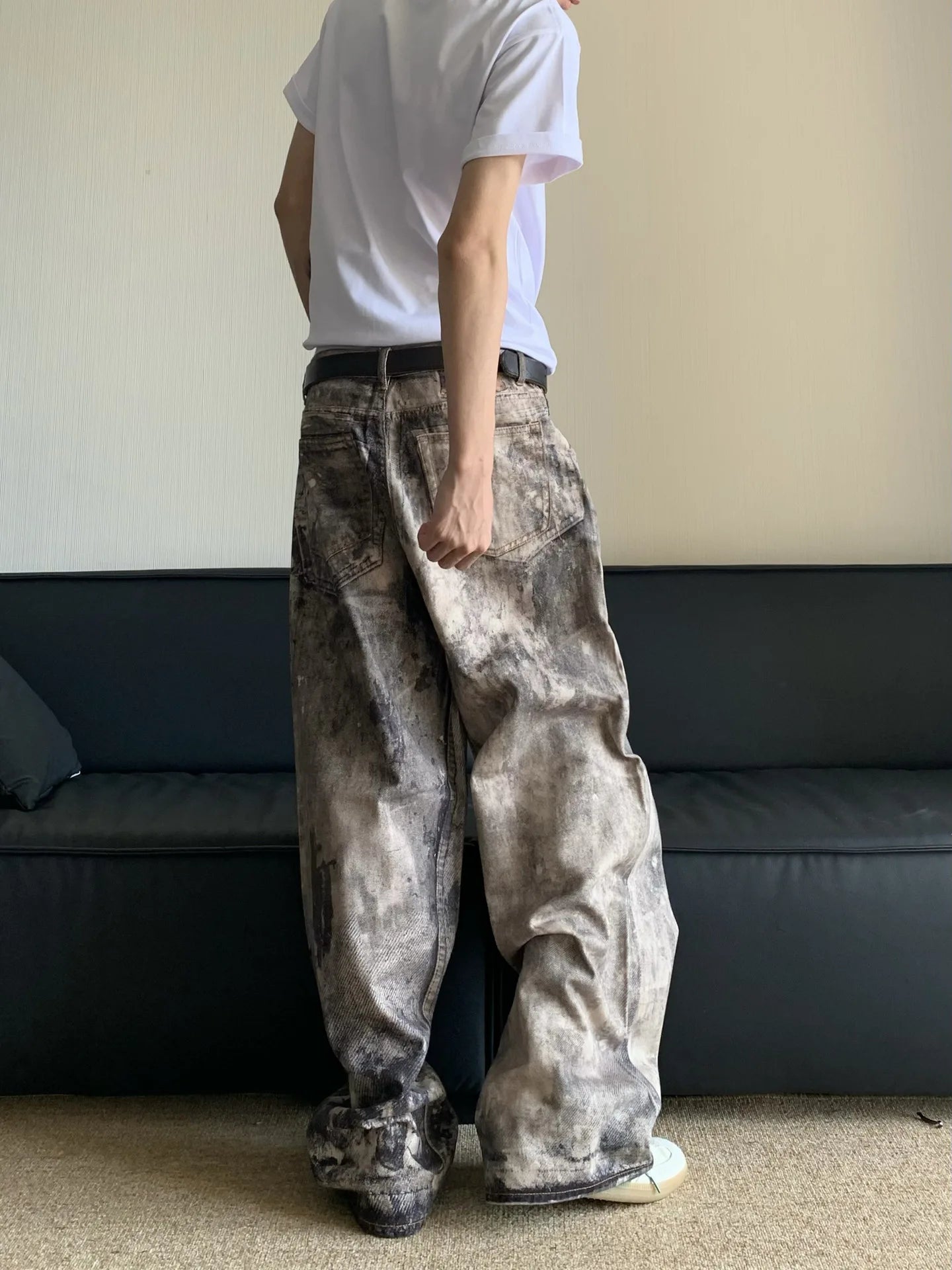 Jeans Men Floor Length Pant Denim Pants Camouflage Print Loose Casual Straight Trousers Pocket Splice Autumn Winter 2024