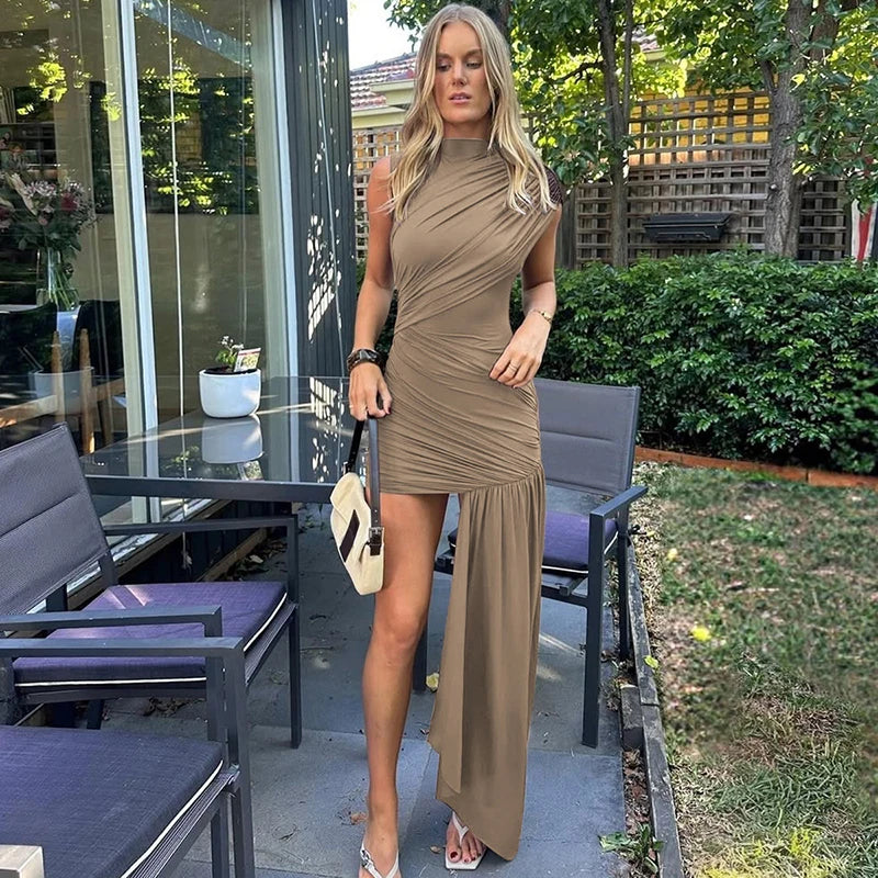 Mozision Irregular Draped Ruched Sexy Mini Dress For Women Elegant Turtleneck Sleeveless High Waist Pleated Club Party Dress