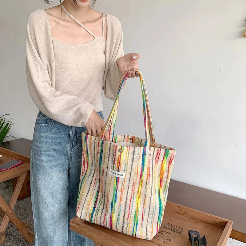 JIOMAY Handbags for Women 2024 Designer Beach Bag Casual with Buckle Cute Tote Bags Stripes Shopper Rainbow Canvas Shoulder Bag