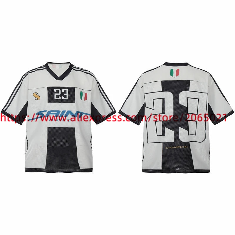 Black White Patchwork Mesh Saint T-Shirt Men Women High Quality Short Sleeve Tee Loose T Shirt