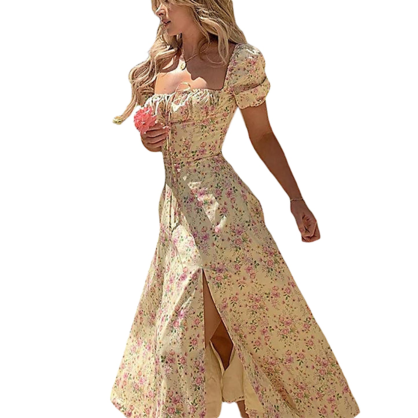 Elegant Women s Maxi Dress with Puff Sleeves Lace-Up Detail Floral Print and High Side Split for a Stylish Look