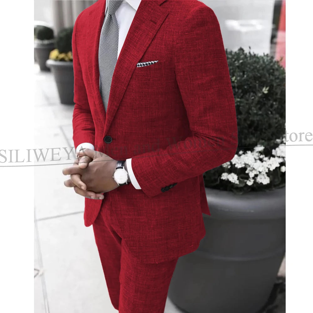 2025 Dark Gray Linen Men's Suit Bridegroom Tuxedo Tailor-Made Wedding Custom Single Breasted Male Blazer 2 pcs(Jacket+pants)