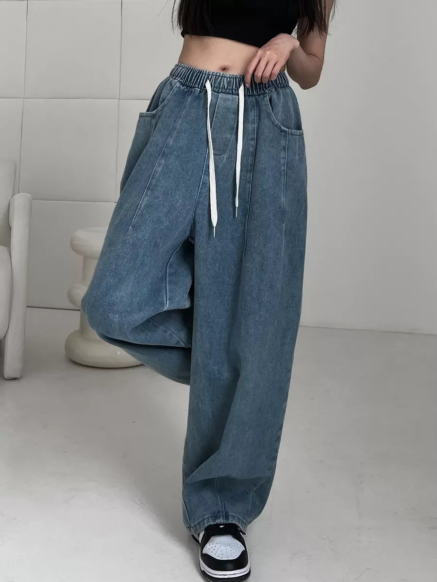 2025 Summer Women's Casual Harajuku Jeans Vintage Loose Elastic Waist Washed Pants Y2K Wide Leg Punk Baggy Denim Trouser