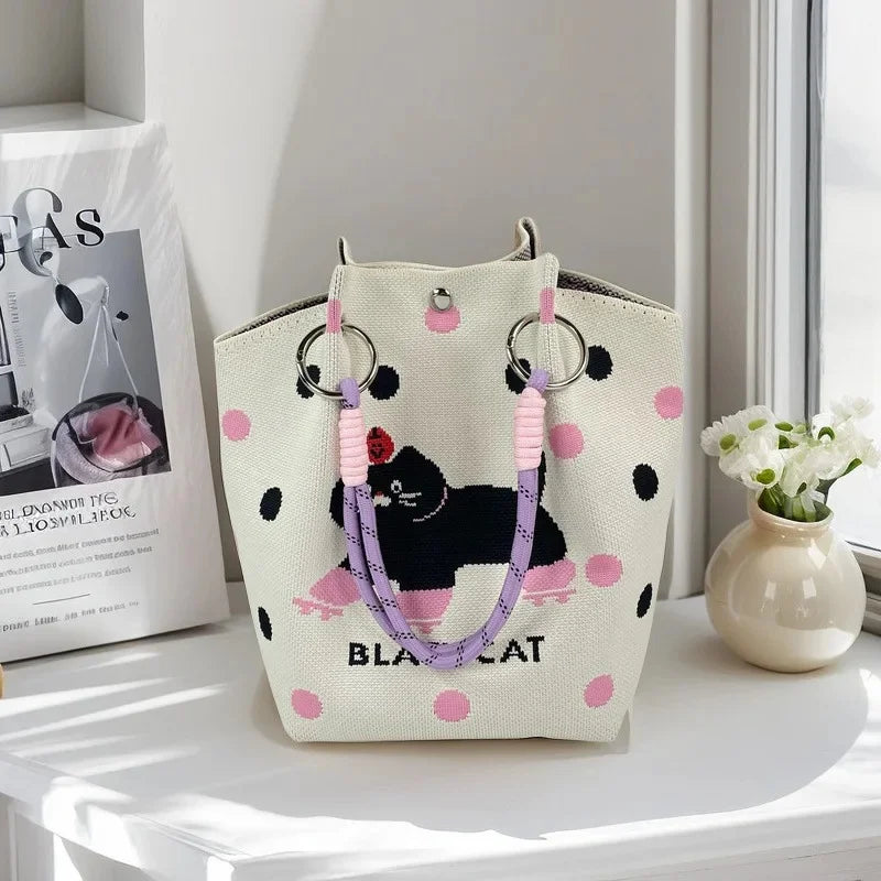 Cute Cat Design Large Capacity Portable Tote Bag Casual Versatile Commuter Bucket Bag Polyester Fiber Handbag from Mainland Chin
