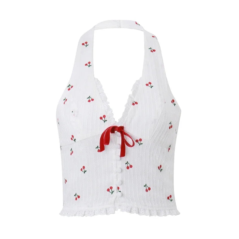 WhereMery Korean Fashion Print Halter Camis Tank Tops Summer Knitted Slim Fit Tank Top High Street Commuter Casual Women's Wear
