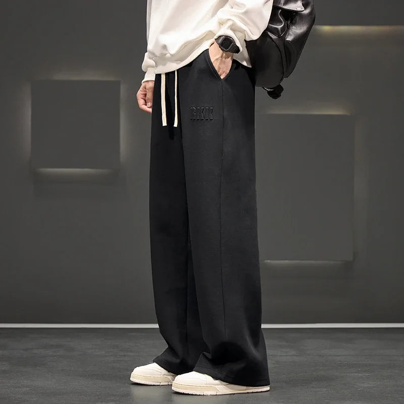 Autumn New Men Knitted Sports Pant Steel Stamp Printing Wide Leg Casual Trousers Straight Solid Lightweight Cotton Fabric Unisex