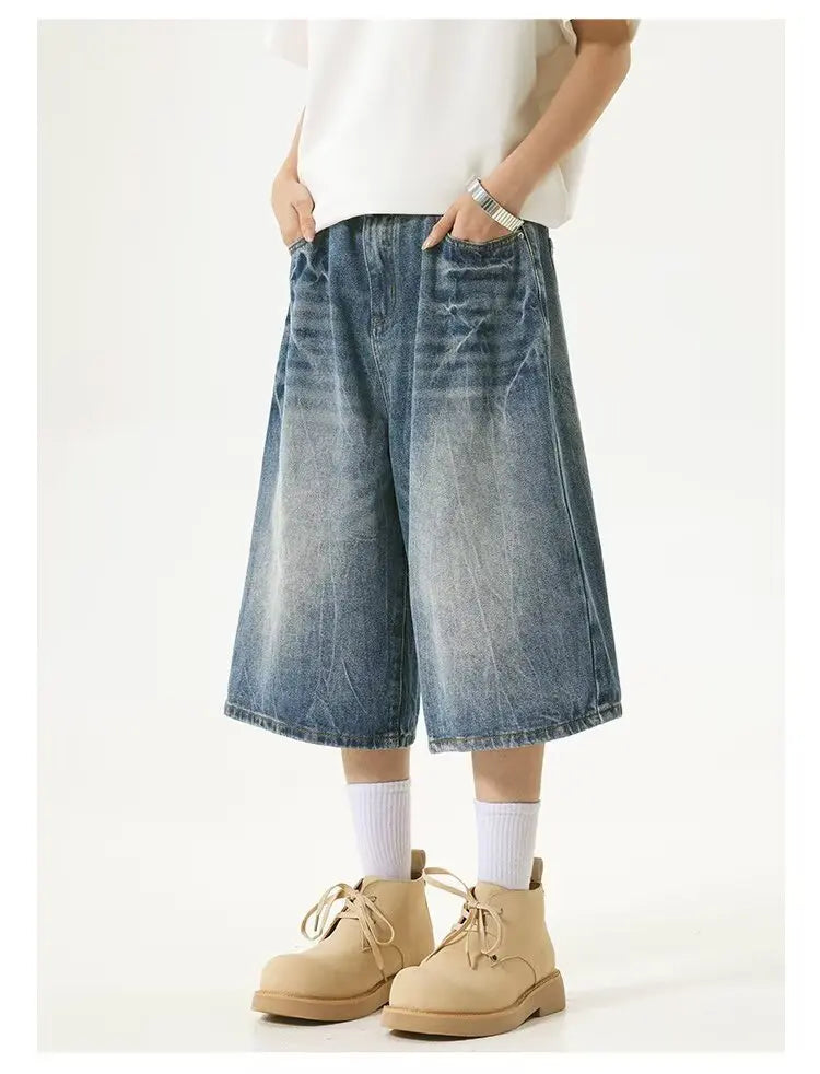 American High Street Lightning Jeans Men's Straight Leg Wide Leg Hip Hop Cool Retro American Seven-Foot Blue Shorts