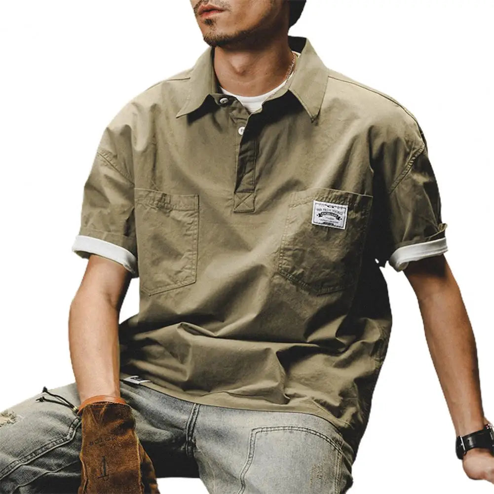 Man Shirts Summer Cargo Shirt American Retro Loose Short Sleeves Lapel Men Tops Work Shirt Multi Pockets Half Sleeve Casual Tops