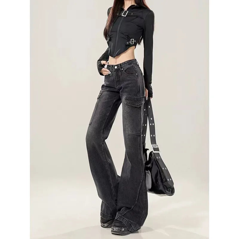 Black and Gray American Hottie Jeans for Women 2025 New Autumn and Winter Slim Work Pants Woman Clothing Baggy Women's