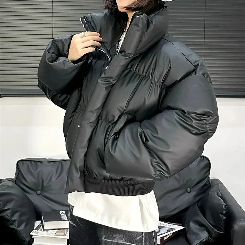 American Style Winter Thickened PU Leather Loose Short Cotton Jacket Men's Stand Collar Special High Quality Couple Cotton Cloth