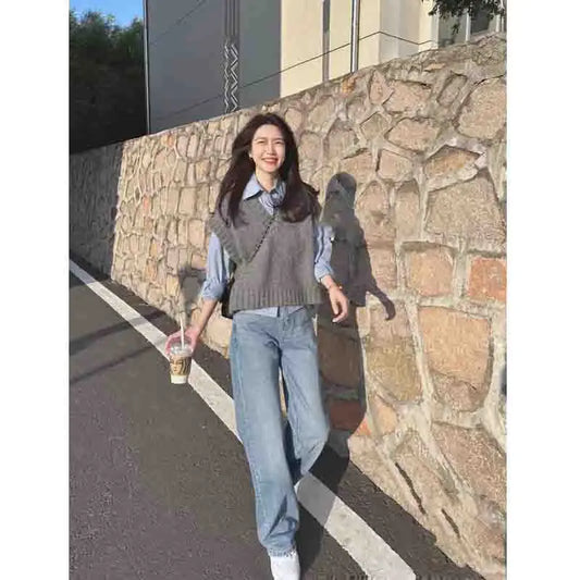 Fashion Korean Gray Sleeveless Elegant Knitted Women's Sweater Vest Sweet Solid Casual V Neck Tank Top Spring Autumn New 9702