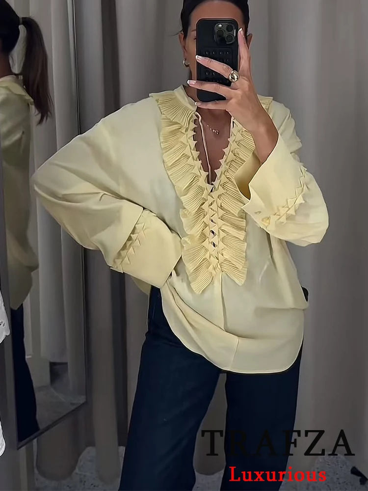 TRAFZA Vintage Chic Yellow Tie Up Women Blouse V-Neck Ruffles Long Sleeve Lace-up Bow Shirts Fashion 2025 Spring Summer Blouses
