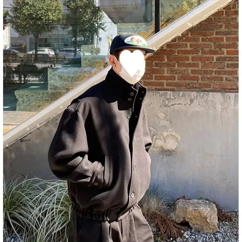 Autumn Winter Men's Fashion Stand Collar Jacket Woolen Coat British Style Baseball Design Workwear Thin Model Summer Suitable