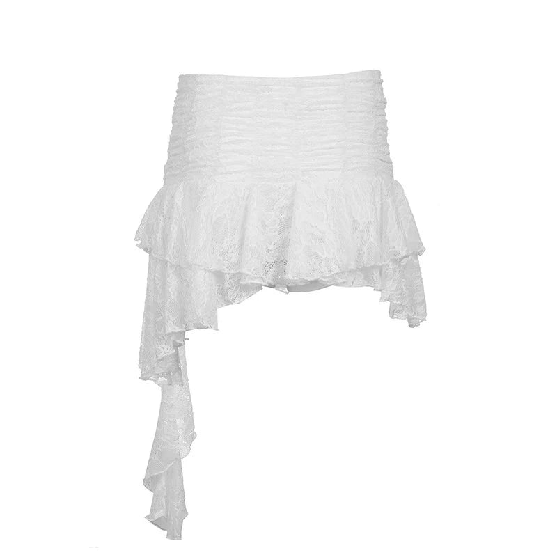 Vintage Lace Asymmetrical Skirts Sexy Mid Waist Mini Skirts Women French Fashion Streetwear Ladies Y2k Clothes