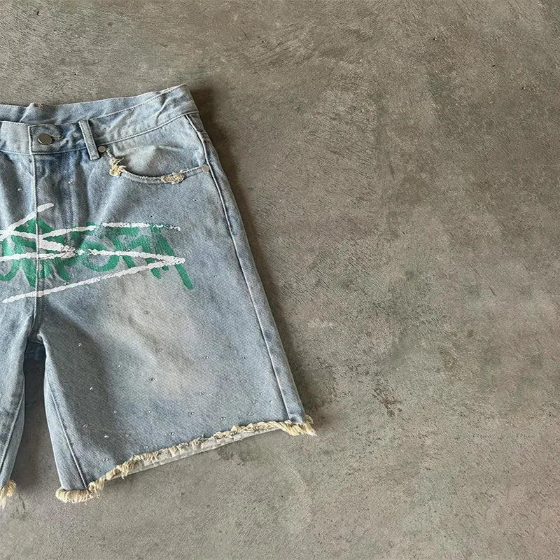 American Fashion Trend Letter Printing Splicing Patches Denim Shorts Y2K Gothic Hip Hop Men Women Punk Vintage Wide Leg Pants