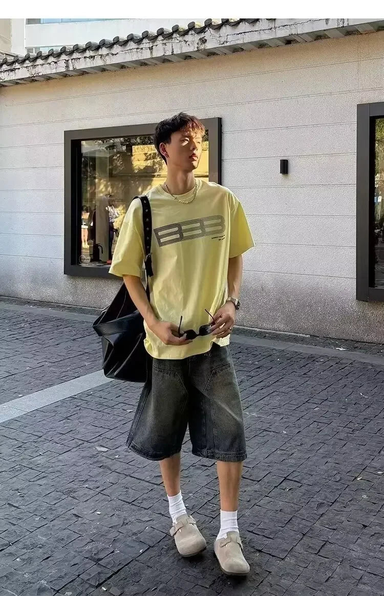 American Style Vintage Men's Denim Shorts Streetwear Straight-Leg Wide-Leg Distressed Casual Pants Trendy Summer Wear