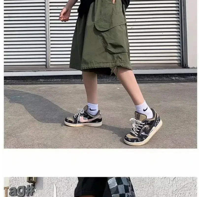 Khaki 7-point Men Summer Thin Japanese Workwear Wide-leg Loose Over-knee Shorts
