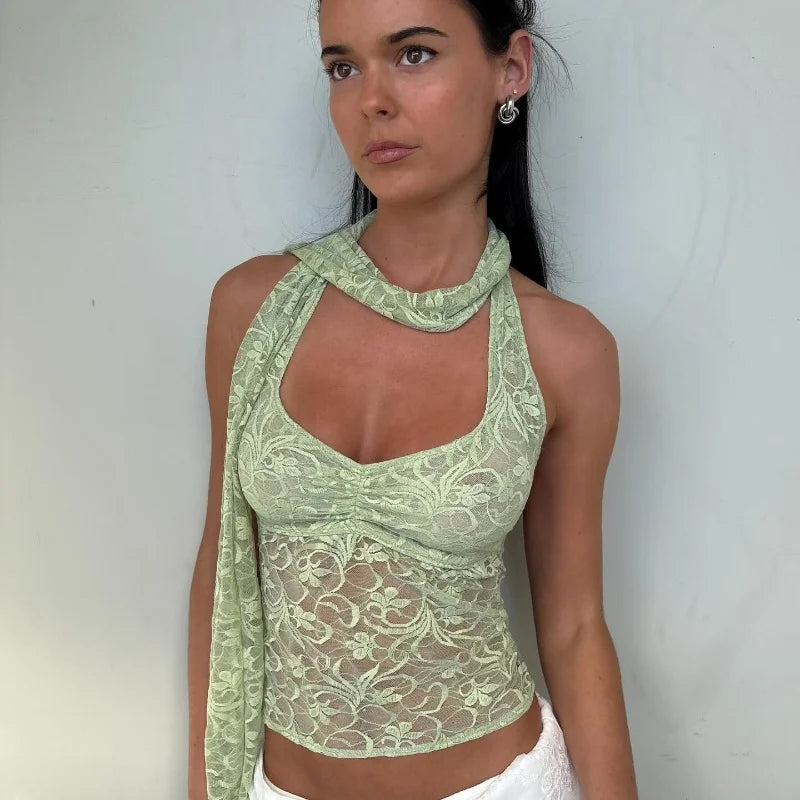 WhereMery Sexy Halter Lace See Through Crop Top for Women Summer Backless Party Street Tank Tops Y2K Fashion Basic T-Shirts Vest
