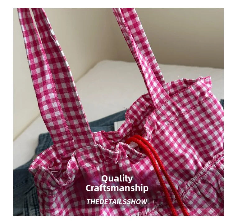 Korean Sle Large Capaci Canvas Tote Bag Blue Plaid Single oulder Skirt Pleated Gown Bag Faionable Casual Handbag