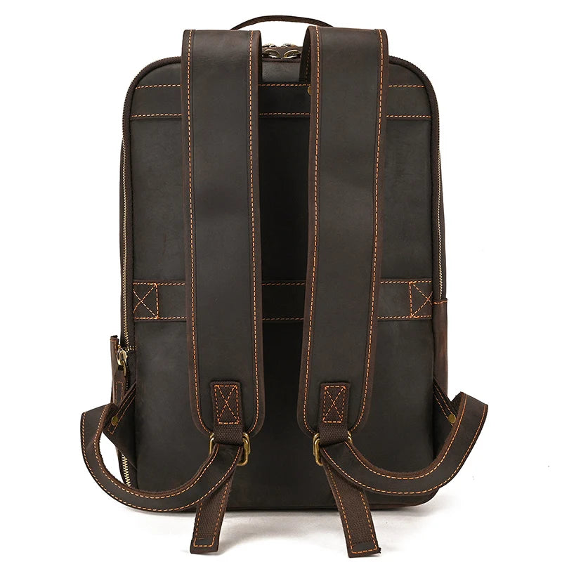 Vintage Travel Backpack leather double zipper bagpack male crazy horse leather backpack handmade leather travel bag men bag
