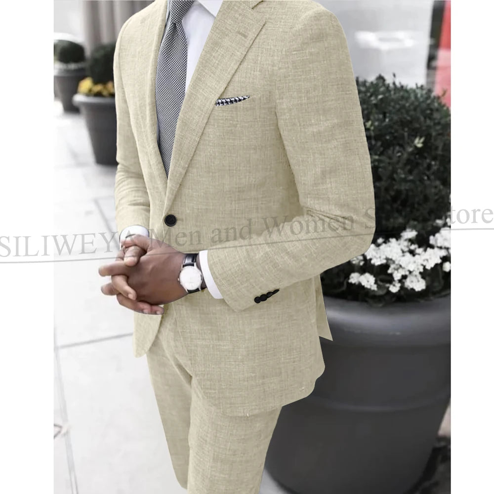 2025 Dark Gray Linen Men's Suit Bridegroom Tuxedo Tailor-Made Wedding Custom Single Breasted Male Blazer 2 pcs(Jacket+pants)