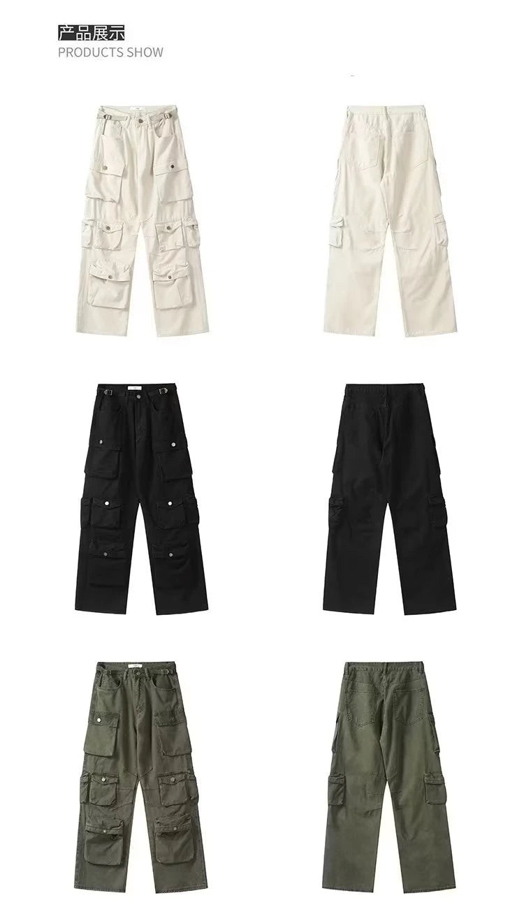 Spring Cargo pants New Popular Rice White Multi-pockets Overalls Harajuku stays Men Loose Casual Trousers Straight Mopping Pants