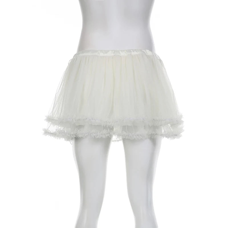 IAMHOTTY Tiered Ruffle Tulle Mesh Skirt y2k Aesthetic Lace-up Low Waist A-line Mini Skirts Fairycore Kawaii Coquette Outfit 2023