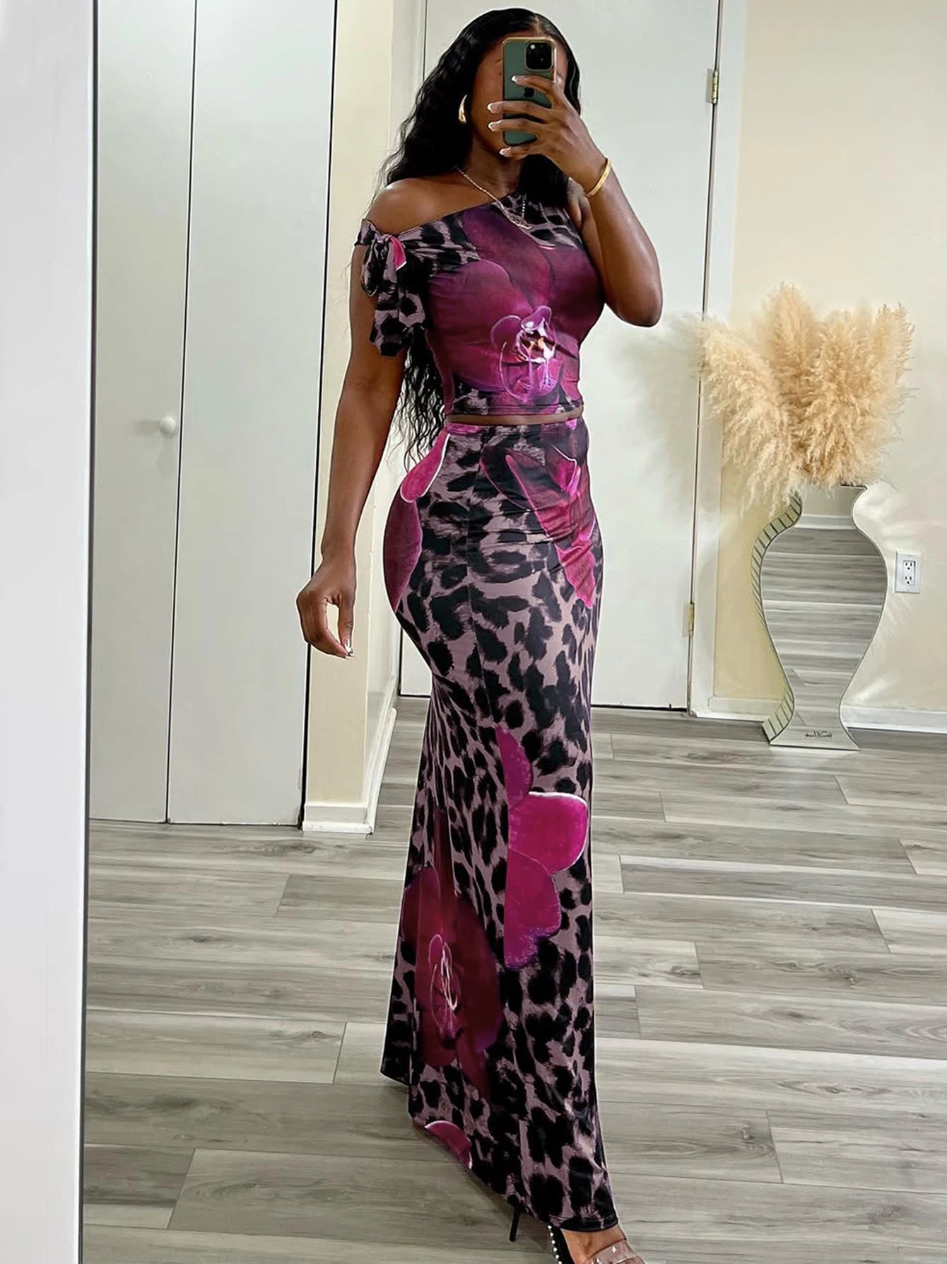 Dulzura Leopard Sexy Elegant Casual 2 Piece Skirt Set Sleeveless Bodycon Lace Up Tank Top Maxi Skirt Matching Set Party Clubwear