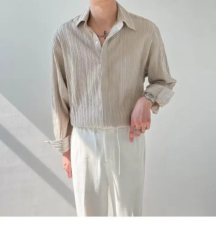 Trendy Stylish Striped No-iron Shirt Autumn Texture Top Korean Version Loose-fit Casual Long Sleeves Shirt For Men