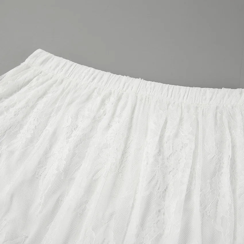 Talenza Lace See-through Skirt Women's White Floral High Waist Patchwork Skirt Lady Summer Sexy Party Elegant A-Line Long Skirt
