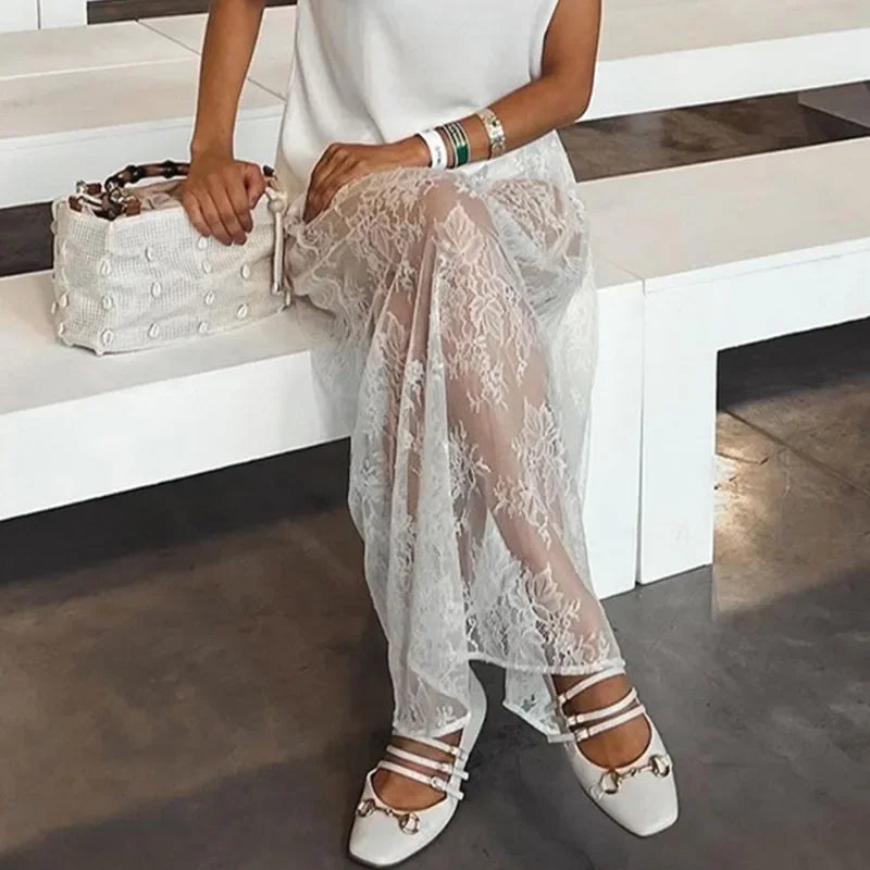 Talenza Lace See-through Skirt Women's White Floral High Waist Patchwork Skirt Lady Summer Sexy Party Elegant A-Line Long Skirt