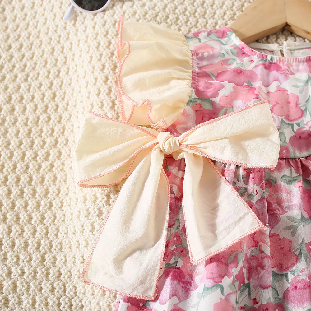 Children's clothing, baby girl dress summer girl full body print two large bows and flying sleeve princess dress