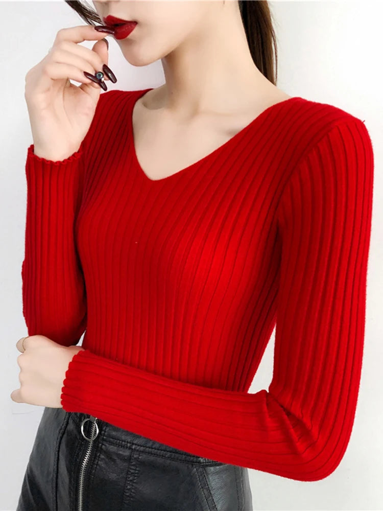 2025 V Neck Women Autumn Winter Sweaters Slim Knitted Pullovers Soft Warm Solid Jumper Female Sweater Casual Knitwear Jersey Top