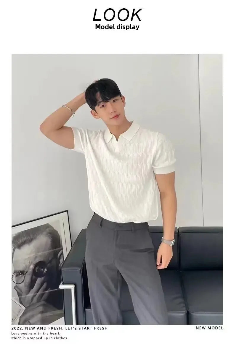Summer New Light Maturity Knitted Polo Shirt Men's Korean Style Slim Fit Collar Pure Color Casual T-Shirt Cross-Border