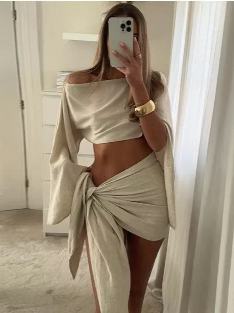 Sexy Solid Pleated Knot Mini Skirts Sets For Women Chic One Shoulder Flared Sleeve Loose Cape Tops Suits 2025 Lady Party Outfits