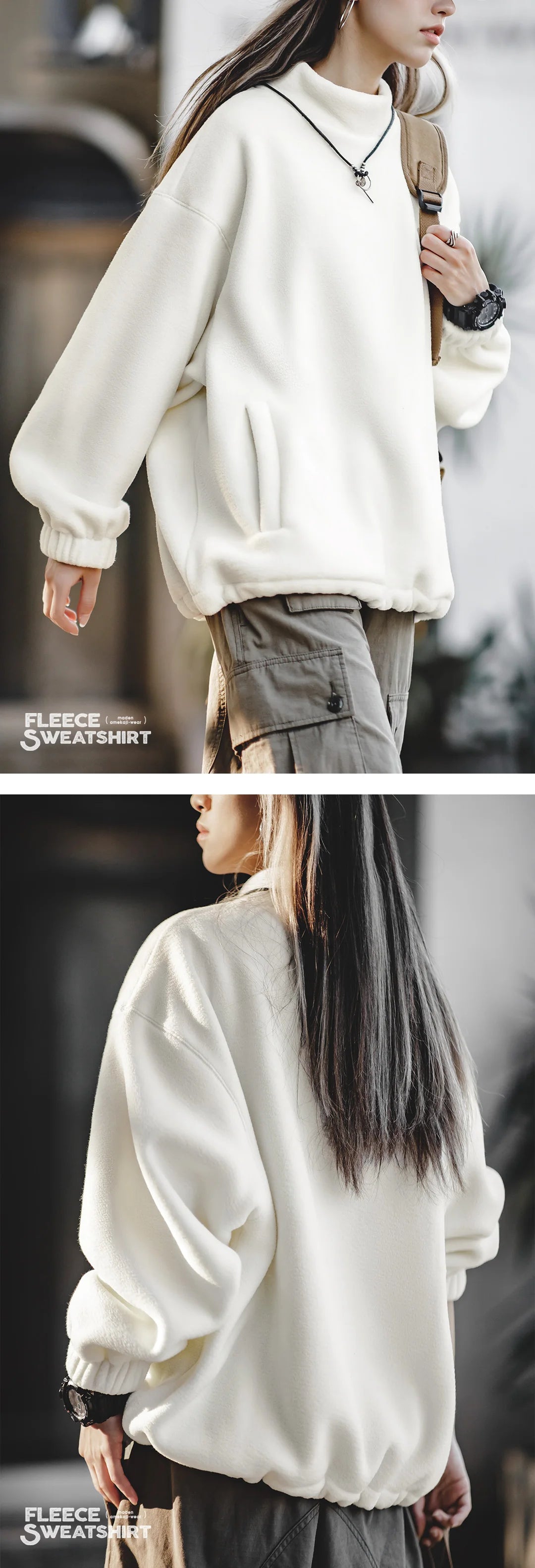 Maden Standing Collar Fleece Sweatshirt for Women Oversize Loose Warm Pullover Autumn and Winter Thick Sweater Basic Sweatshirt