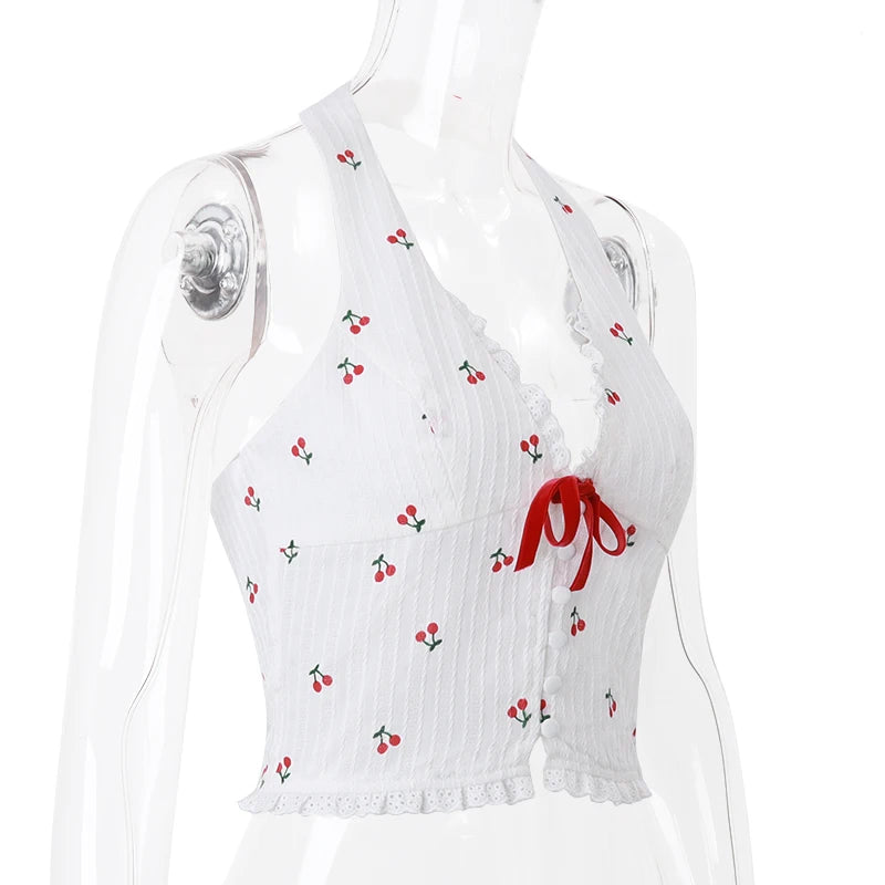 WhereMery Korean Fashion Print Halter Camis Tank Tops Summer Knitted Slim Fit Tank Top High Street Commuter Casual Women's Wear