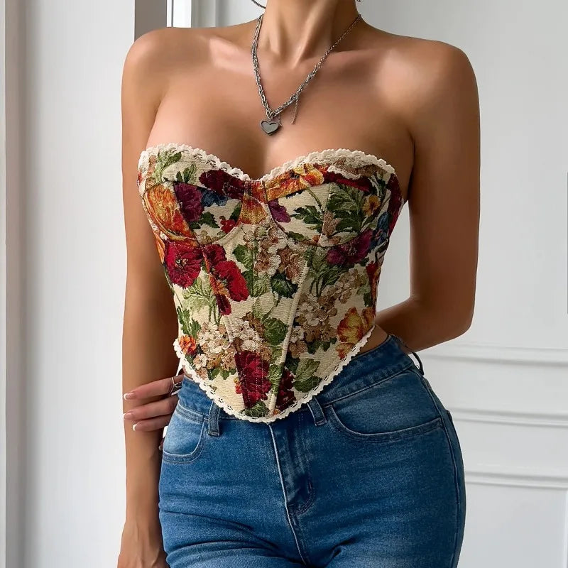 Abrini Y2K Street Sleeveless Bare Shoulder Crop Top Sexy Lace Embroidery Floral Backless Strapless Bandage Vest Fishbone Corset