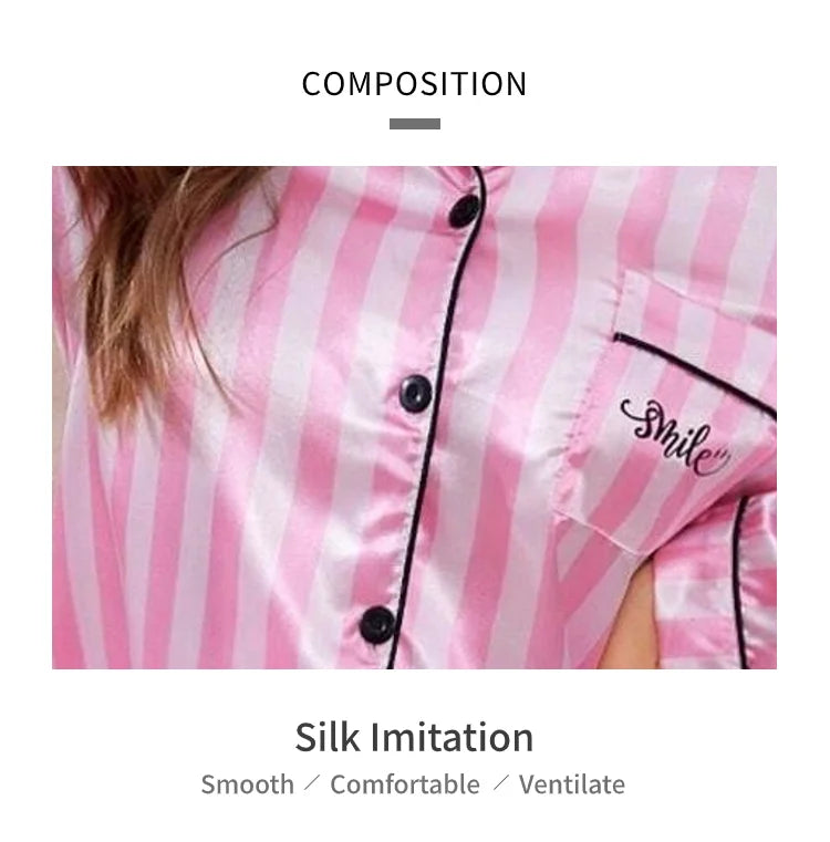 Women Stripe Print Satin Pajama Victoria Autumn Long Sleeve Buttons Lapel Tops & Pants Sleepwear Comfort Relaxed Fit Nightwear