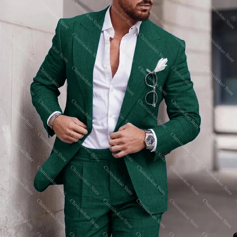 Fashion Linen Suits for Men High Quality Peak Lapel Double One Button Male Suit Slim Chic Casual Wedding Tuxedo 2 Piece Costume