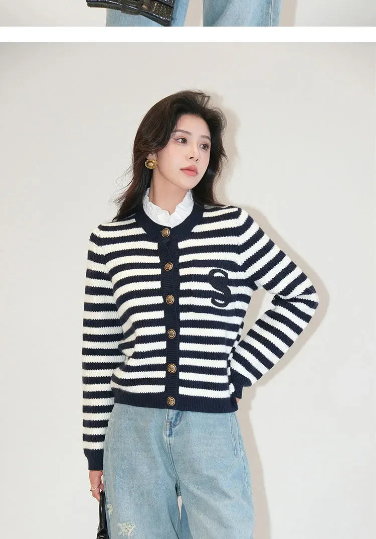 2024 Spring Classic S Letter Knit Cardigan Coat Women Stripe Sweater Ruffles Collar Tops Luxury Designer Brand Chic Y2K Clothing