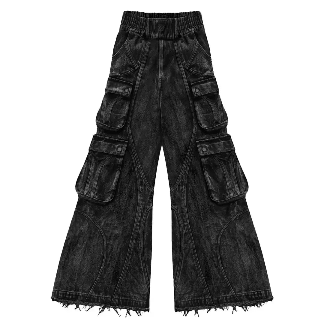 American Vintage Gothic Black Y2K Washed Multi-Pocket Spliced Raw Edge Jeans Mens Loose Street Trend Hip Hop Rap Wide Leg Pants