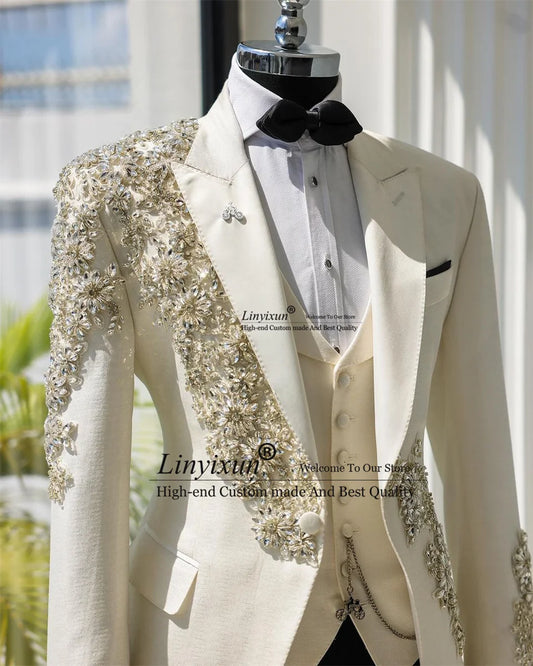 Fashion Shiny Men Suits For Wedding Luxury Beaded Crystals Groom Tuxedos Customized Male Party Blazer Slim Fit ropa hombre