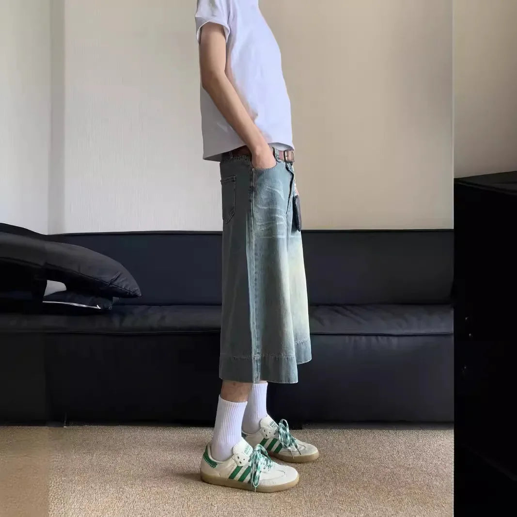 2024 Summer New Style Vintage Wide-leg Jeans 7-point Straight Leg Denim Mid-length Shorts For Men American Retro Loose Fit