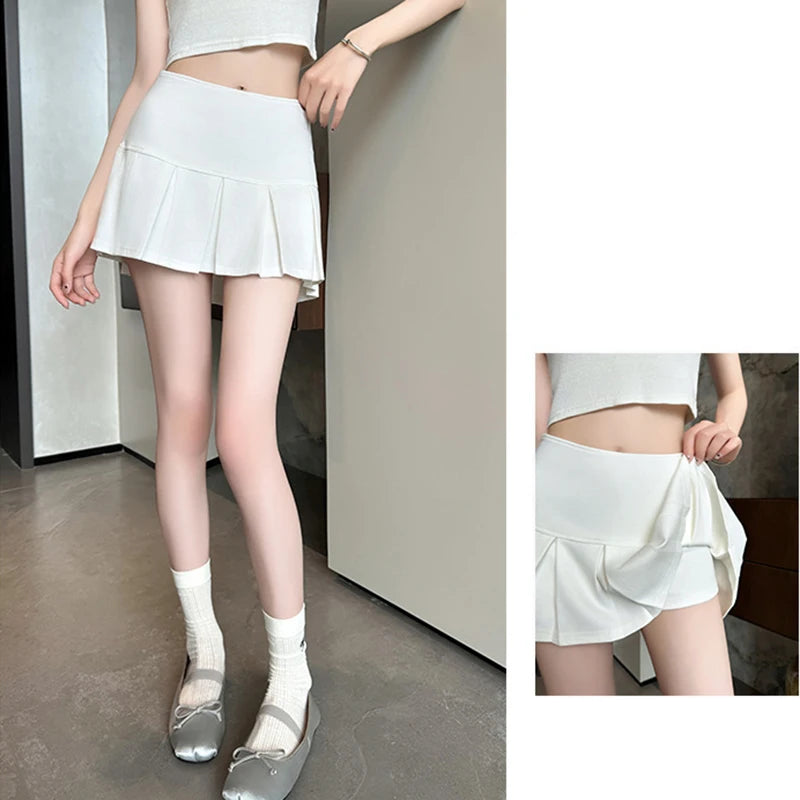 Korean Pleated Mini Skirt Women Summer 2025 New High Waist Wide Pleat Light Grey Sexy Vintage A-Line Pleated Skirt Casual Skort