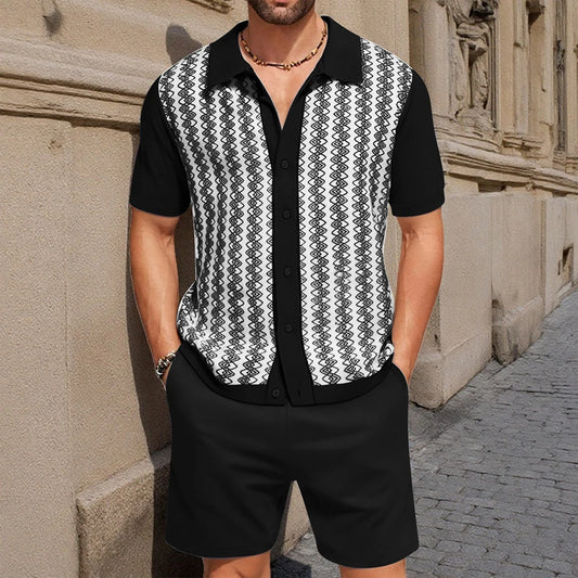 Men's Cardigan Knitted Short-Sleeved Shorts Suit Retro Casual Fashion Trend Loose Breathable Daily 2025 Summer New Men's Suit