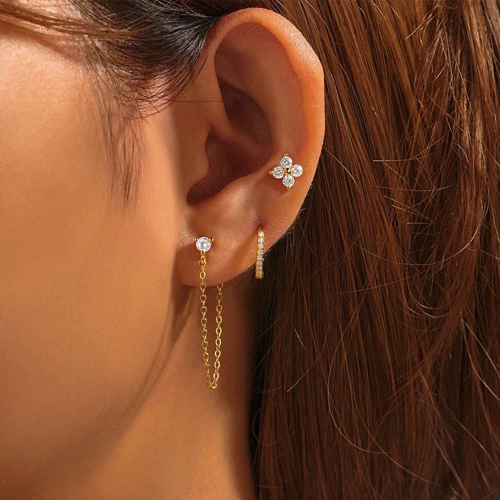Aide 925 Sterling Silver 3pcs Set Two Stud Tassel K Gold Chain Flower Zircon Earrings For Women Fine Jewelry Valentine Day Gift