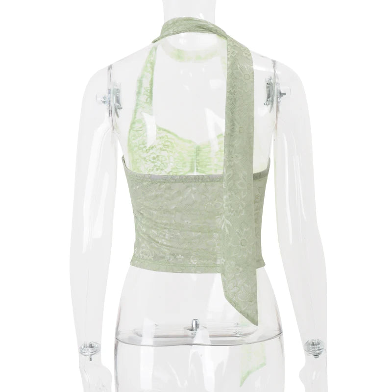 WhereMery Sexy Halter Lace See Through Crop Top for Women Summer Backless Party Street Tank Tops Y2K Fashion Basic T-Shirts Vest
