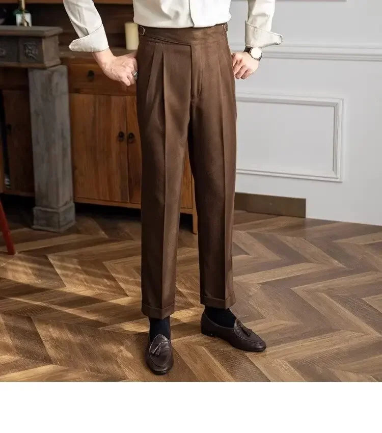 High-waisted Casual Straight-leg Suit Pants For Men Autumn Vintage Draped Waist Trousers Naples Retro Style Business Formal Wear