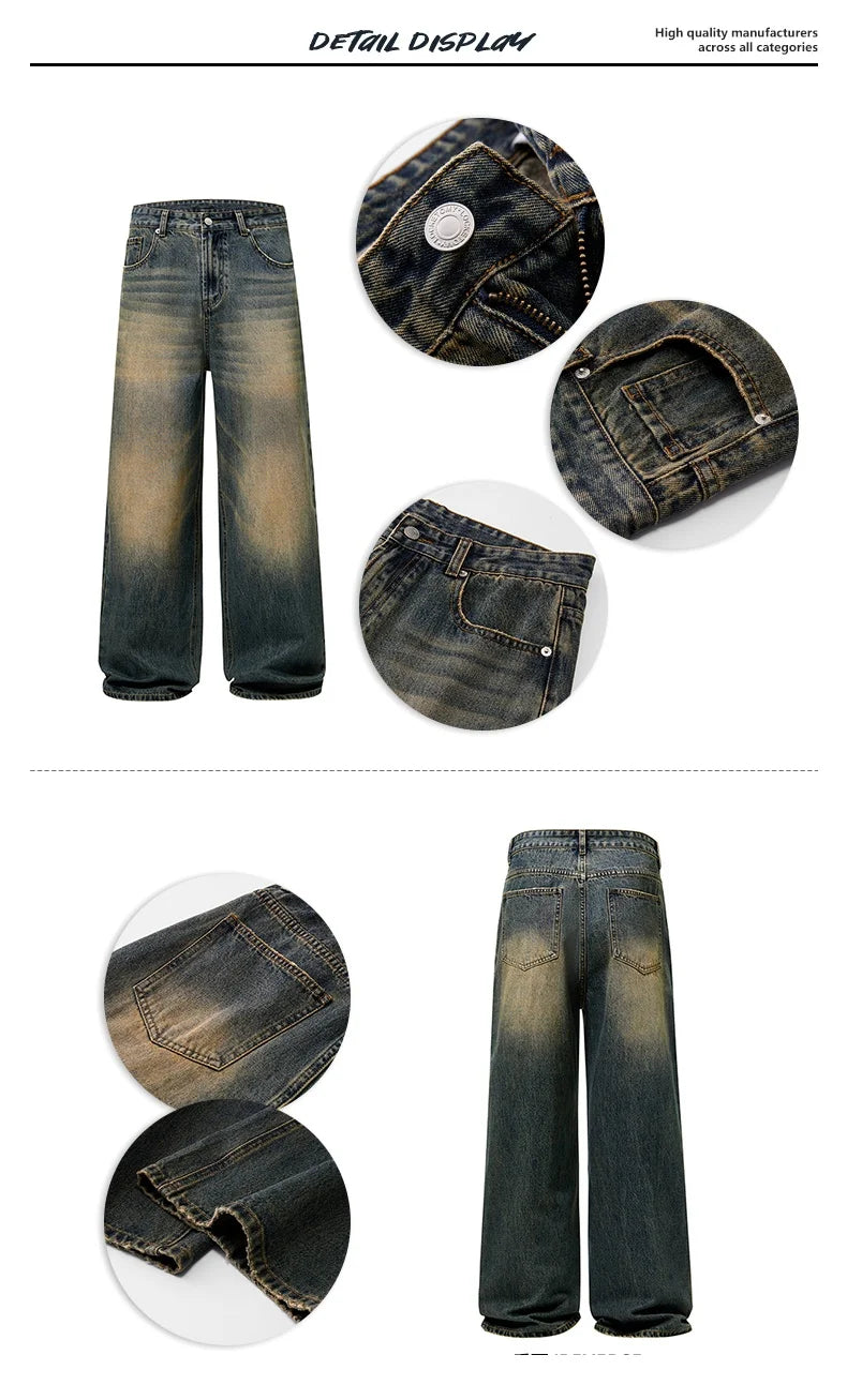 Men's Retro Jeans Korean High Street Hip-hop Loose Straight Leg Wide Leg Pants Y2k Fashion Baggy Pants Street Clothing 4 Colors